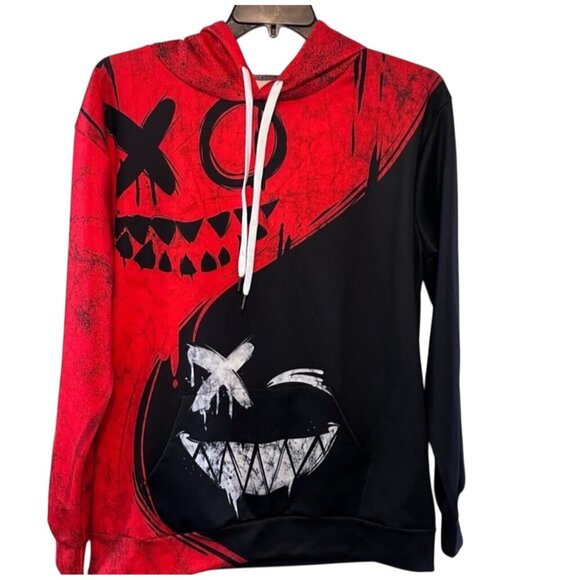 The Unbranded Brand Other - Mens Red & Black Graphic Hoodie With Smiling Faces Design Size L Polyester & Spa